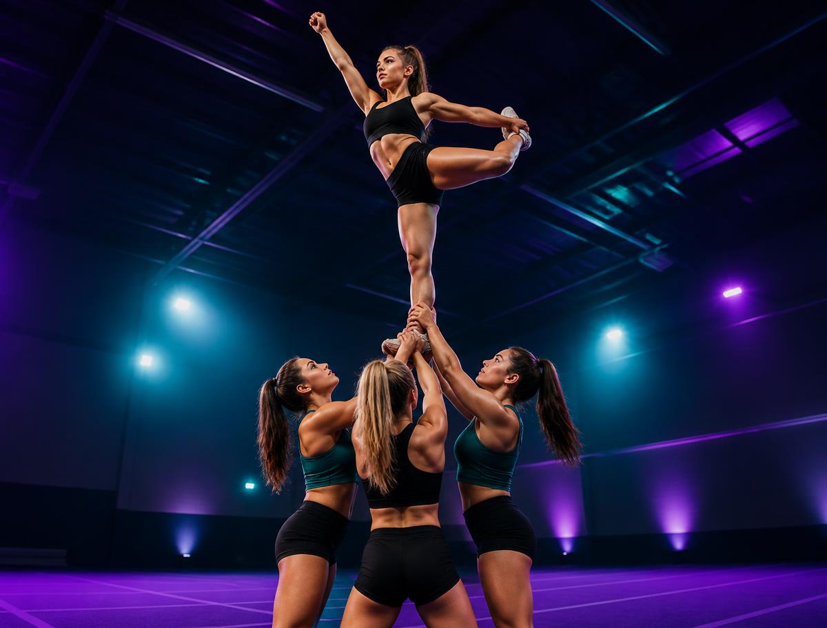An Elite Athletics stunt group holding a flyer in an extended liberty